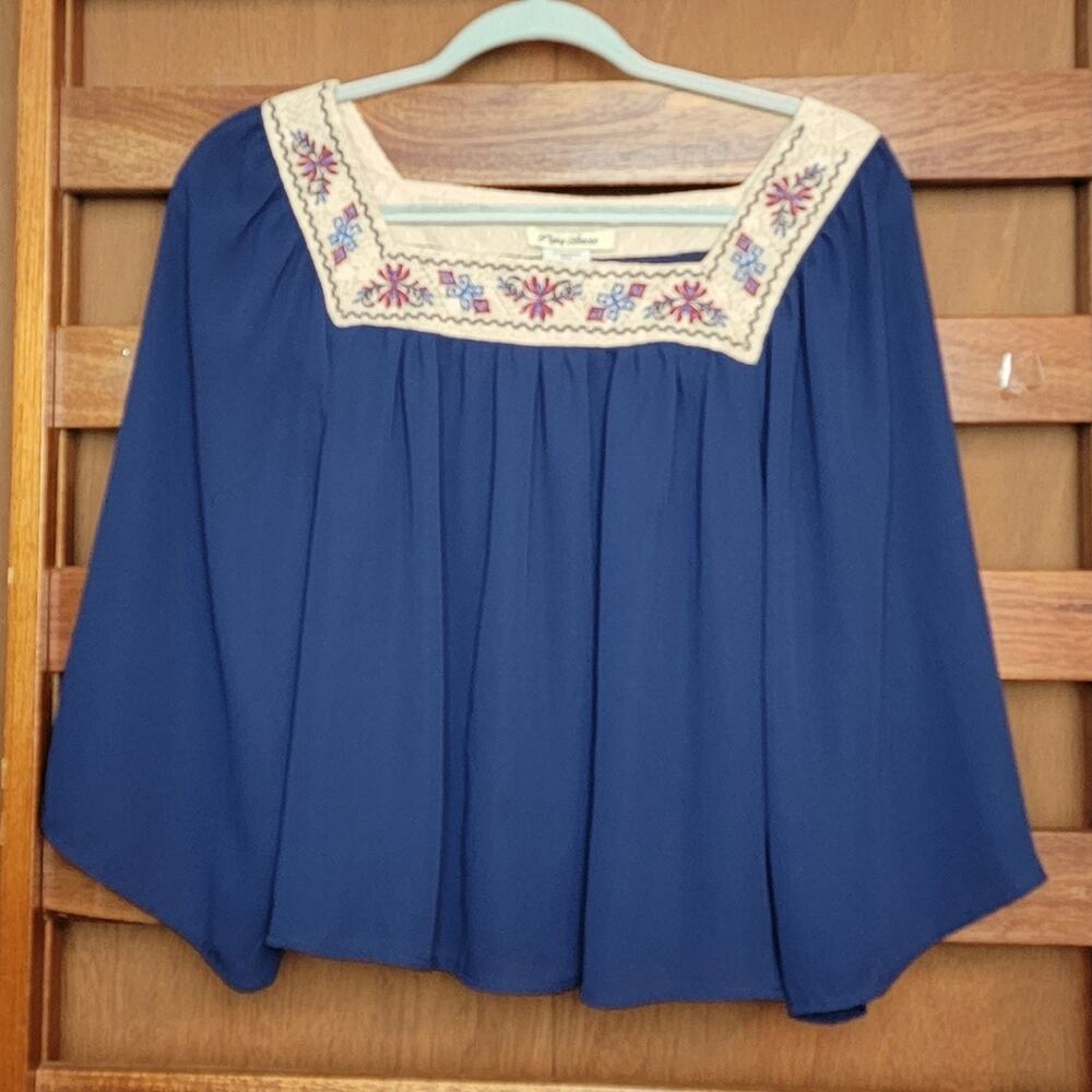 Flying Tomato Royal Blue Embroidered Square Neck Blouse, Sz S